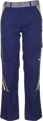 A pair of navy blue work pants with yellow and gray reflective accents.