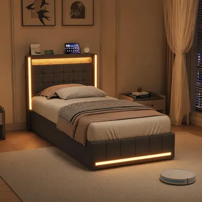 Produktbild von INONEFT Boxspringbett 90x200 mit Stauraum, LED & USB-C – Jugendbett,Polsterbett Einzelbett mit Lattenrost,Hydraulisches Stauraumbett,Leinen, Grau