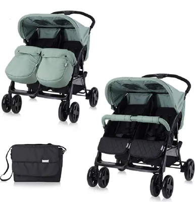 Produktbild von Lorelli Zwillingskinderwagen TWIN Wickeltasche Einhand-Klappsystem Fußabdeckung hellgrün