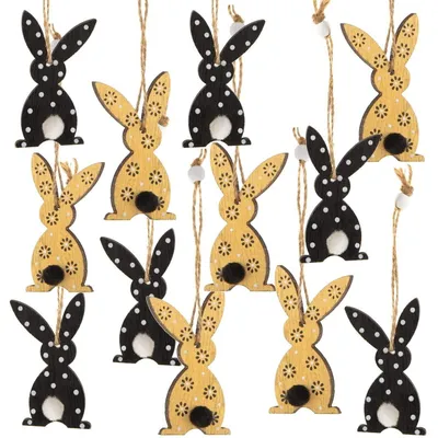 Produktbild von 12 edle Osterhasen schwarz Gold aus Holz zum Aufhängen - 7 cm