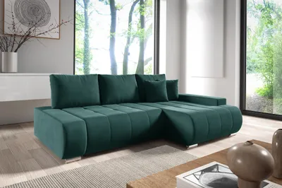 Produktbild von 3 Sitzer Ecksofas in L-Form ANTONIO MINI VALERI L, Ottomane Rechts oder Links, Schlaffunktion & Bettkästen, Eckarniutur, Couch in Samt - Dunkelgrün
