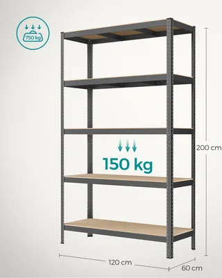Produktbild von SONGMICS Schwerlastregal, Stahl, Regal, kein Werkzeug erforderlich, Lagerregal, für Garage, Keller, Lagerraum, Werkzeug, Fitnessgerät, bis 875 kg belastbar, 60 x 120 x 200 cm, grau GLR060G01