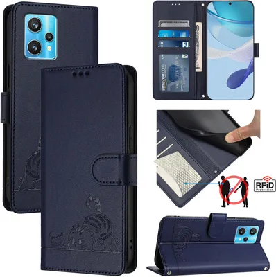 Produktbild von Leder Hülle für Realme 9 4G Süße Katze Flip Case Brieftasche Schutzhülle mit Standfunktion Blau