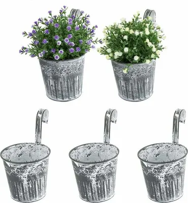 Produktbild von 5 Stück hängende Blumentöpfe aus Eisen im Vintage-Stil mit Hakengriffen, Pflanztöpfe