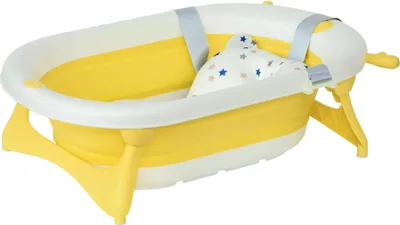 Image de Baignoire pour bébé - Baignoire pour bébé pliable - Capacité 35 l - Pour nouveau-né jusqu'à 3 ans - Avec coussin et bouchon de vidange - Jaune