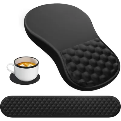 Immagine prodotto di Tappetino per mouse con poggiapolsi, ergonomico, in memory foam, con base antiscivolo, colore nero
