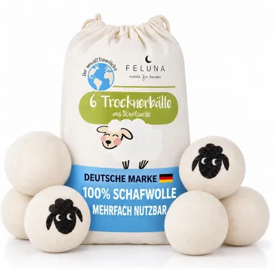 Produktbild von Feluna Premium Trocknerbälle aus 100% Schafschurwolle im 6er Set inkl. Leinenbeutel – Natürlicher Weichspüler spart Zeit & Strom