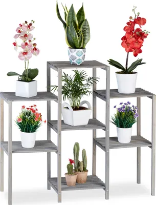 Produktbild von Relaxdays Blumentreppe Holz, Shabby Chic, Innenbereich, Wohnzimmer, Pflanzenregal, 7 Ablagen, HBT 86 x 95 x 29 cm, grau