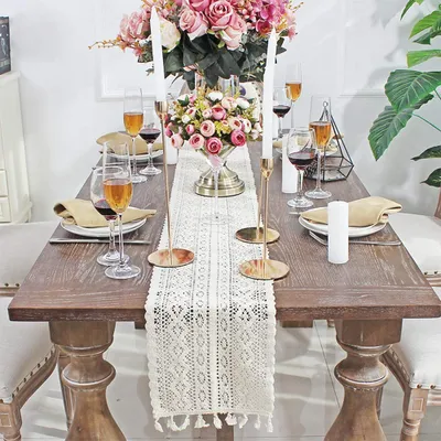 Produktbild von Tischläufer Modern, Tischläufer Beige Rechteckiger Makramee Tischläufer aus Gewebter Baumwolle, Retro Bauernhaus Tischdekoration und Boho Hochzeit Tischläufer (Beige, 24 x 180 cm)