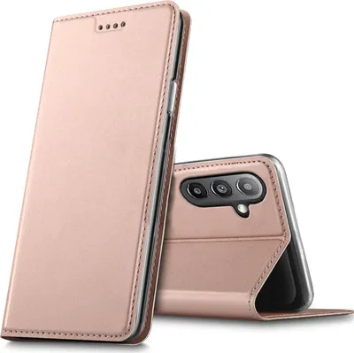 A rose gold flip case for a Samsung Galaxy A13 5G / A04s phone is shown against a white background. The case is partially open, revealing the phone's camera module.