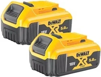 Two DeWalt 18V 5Ah XR Li-Ion batteries are shown side-by-side against a white background.