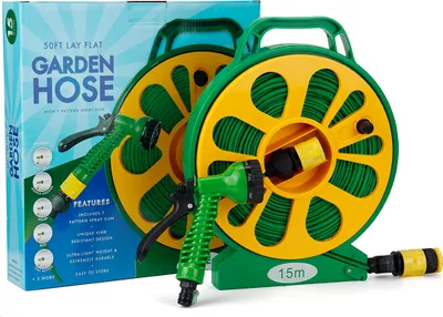 Produktbild von Drillpro 15m Gartenschlauch aus PVC mit 5-fach Sprühdüse, kompatibel mit 1/2" &3/4" Wasserhähnen, ideal für Gartenbewässerung & Reinigung