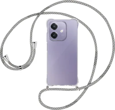 Produktbild von Handykette Backcover-Schutzhülle mit Band (Metall silberfarben) für OPPO A3X 5G - weiß/grau kariert