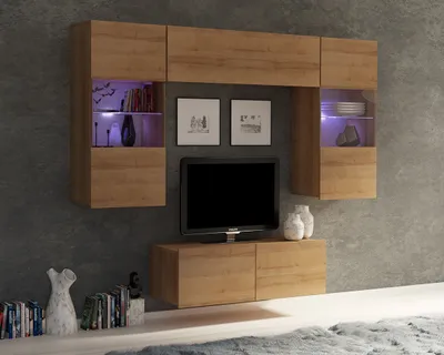 Produktbild von kompakte Wohnwand Amanda VI Oberschrank mit zwei Vitrinen und TV Schrank Wohnzimmer-Set (Goldene Eiche)