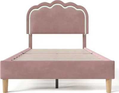 Produktbild von Polsterbett 90x190cm Einzelbett (ohne Matratze) Rosa Jugendbett Gästebett Mit LED Mit Lattenrost und Verstellbares Kopfteil Leinenmaterial
