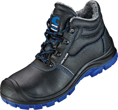 A black winter work boot with blue accents and sole, shown against a white background.