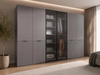 Produktbild von Drehtürenschrank, Falttürenschrank 6-türig Schrank mit Einlegeböden und Kleiderstange, Schlafzimmer  - Schrank Minewra 300 - Grau Flutes