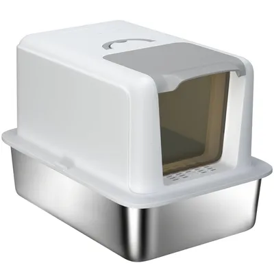 Produktbild von Edelstahl Katzentoilette mit Filter und Schaufel für Katzen bis 6 kg, 40,5x60,5x41,5 cm, Weiß/Silber - Hygienisch & Langlebig
