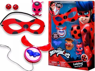 A Miraculous Ladybug Dress Up Set is displayed in its packaging, along with some of the individual items.