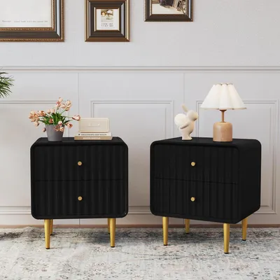 Image de Ensemble de deux tables de chevet noires avec pieds dorés et 2 tiroirs