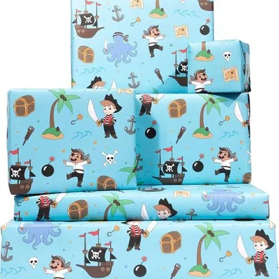 Produktbild von Famanu Geschenkpapier 6 Bögen - Piratenschatzinsel - Blau - Recyclebar