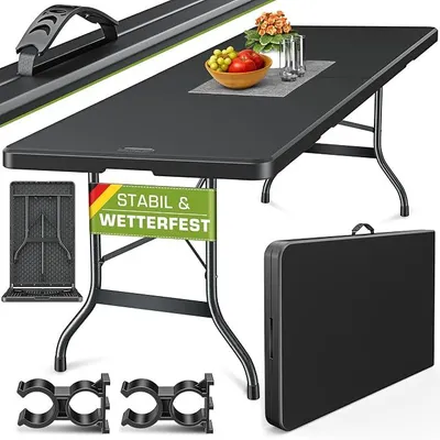 Imagen del producto de Mesa de jardín plegable de plástico, 220x70 cm, resistente a la intemperie, con asa de transporte