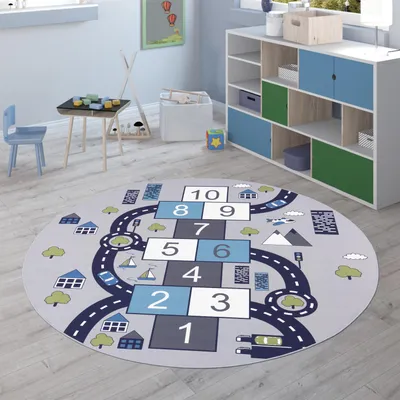 Produktbild von Kinderteppich Teppich Rund Kinderzimmer Spielteppich Straßenteppich Modern Grösse 200 cm Rund
