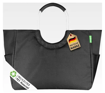 Produktbild von Große faltbare Einkaufstasche aus recyceltem Material mit praktischen Fächern | Nachhaltiger Einkaufskorb mit verstärktem Boden und wasserabweisend | Ideale Tragetasche in Schwarz