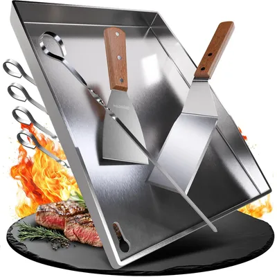 Image de Plaque de cuisson en acier inoxydable, dimensions 35 x 25 cm, avec spatules et brochettes pour grill