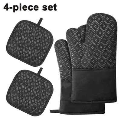 Produktbild von 4-teiliges Set Ofenhandschuhe und Topflappen, rutschfeste, hitzebeständige Silikon-Ofenhandschuhe, Mikrowellenhandschuhe, Küchenhandschuhe zum Backen, Kochen und Grillen