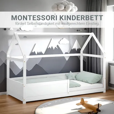 Produktbild von Homestyle4u Kinderbett 90x200 mit Matratze mit Standard 100 mit Lattenrost mit Rausfallschutz Weiß Hausbett Bodenbett