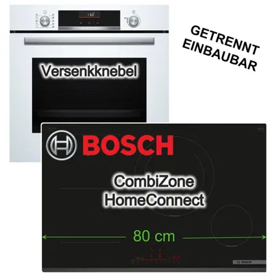 Produktbild von Bosch Herdset Einbau-Backofen weiss 3D-Heißluft Plus AirFry + Induktionskochfeld 80cm CombiZone HomeConnect Booster