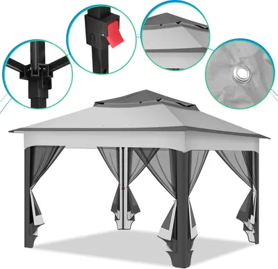 Zdjęcie produktu dla Pawilon Hengda 3,3 x 3,3 x 2,7 m, pawilon składany, namiot imprezowy/ogrodowy z 4 bocznymi ściankami z siatki, ochrona UV 50+, podwójny dach w kolorze szarym