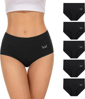 Produktbild von 5 Stück Slips Damen Baumwolle,Stretch Hohe Taille Unterhosen Damen,Atmungsaktive Panties,angenehmes Tragegefühl Taillenslip,Farbe: Schwarz / Größe:XS