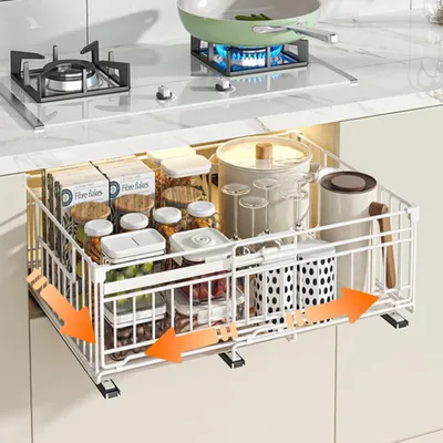 Zdjęcie produktu dla Metalowa, wysuwana organizer do szafek, szerokość 32,5-50 cm, montaż bez wiercenia, do kuchni