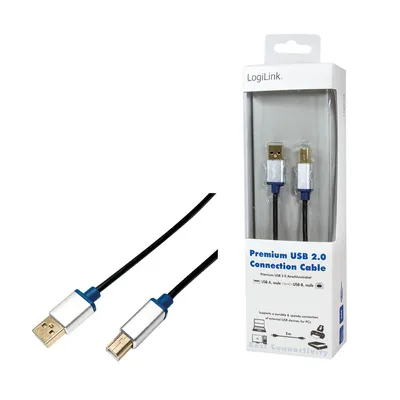 Zdjęcie produktu dla LogiLink 2m, USB2.0-A/USB2.0-B, 2 m, USB A, USB B, USB 2.0, Męska/Męska, Czarny