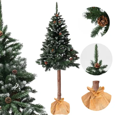 Productafbeelding van Kunstkerstboom op stam, 180 cm, met een diamantvormig ontwerp, met kegels en een besneeuwde uitstraling