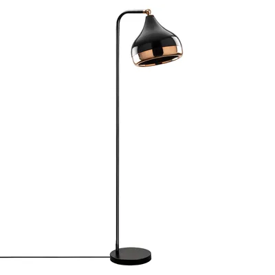 A black and copper floor lamp on a white background.