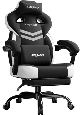 Zdjęcie produktu dla Fotel gamingowy – Ergonomiczny fotel biurowy LR408 – Poduszka siedziska z pianki z pamięcią kształtu – Połączone podłokietniki – Oparcie i podnóżek z regulacją w zakresie 90–155° – Regulacja wysokości – Tkanina – Czarny