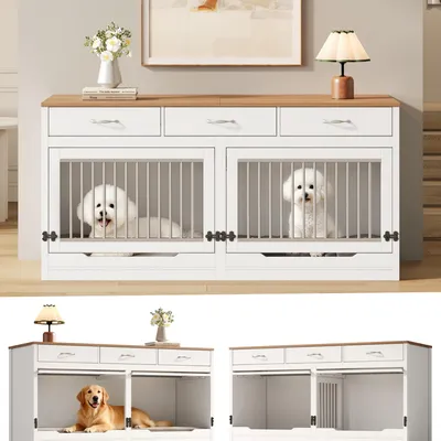 Produktbild von Hundebox Holz-Metall, für 2 Hunde, Schlossverschluss, klappbare Tür, Trennwand, 3 Schubladen, 164x60x81