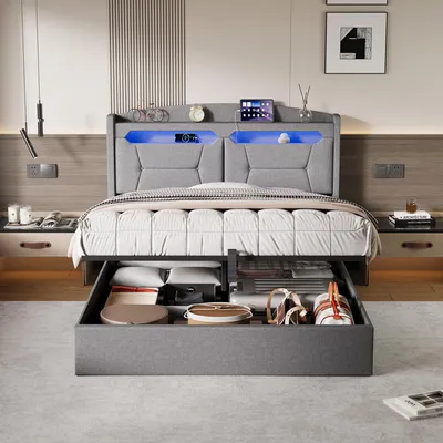 Image de UnboxG Lit rembourré 140x200cm avec USB & Type-C, Lit double adolescent avec LED, Lit de rangement hydraulique Lit boxspring avec sommier à lattes, Lin gris
