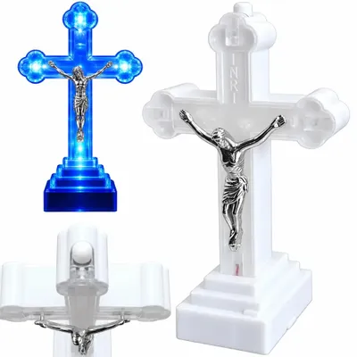 Zdjęcie produktu dla Krzyż plastikowy led znicz LED srebrny podświetlany na grób do domu 12x8x5 cm świeczka pamięci