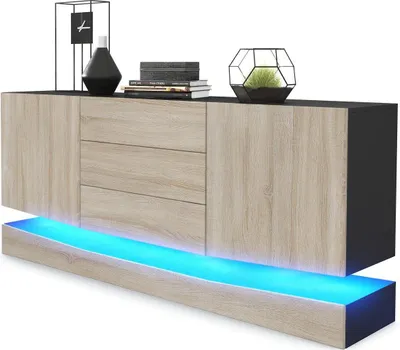 Produktbild von Vladon Sideboard City, Germany, Schwarz matt/Eiche sägerau inkl. LED - Moderne Kommode für Ihr Wohnbereich (178 x 72 x 38 cm)