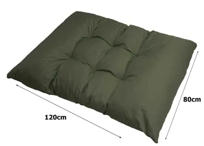 A green cushion is shown on a white background with dimensions indicated.