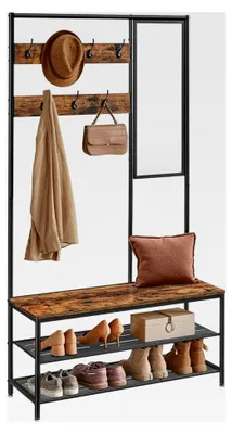 Produktbild von Kleiderständer mit Haken, Spiegel und Sitzbank, 35 x 98 x 180 cm, für Eingangsbereich, Schlafzimmer, Wohnzimmer, Industrie-Design, vintagebraun-schwarz