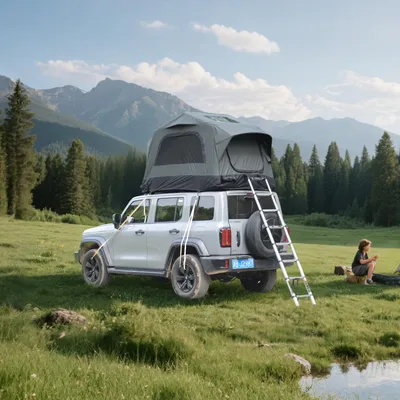 Produktbild von Clinvia Aufblasbares Campingzelt mit Handpumpe, knitterfrei, Sonnenschutz und UV-beständig, aufblasbares Autodachzelt – grau + schwarz