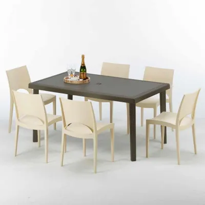 Produktbild von Polyrattan Tisch Rechteckig mit 6 Bunten Stühlen 150x90 Braun Focus