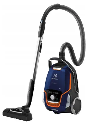 A blue and orange Electrolux vacuum cleaner with its hose and wand attached, shown against a white background.