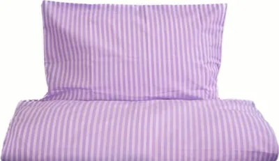 A folded duvet and pillowcase set with purple and light purple stripes.
