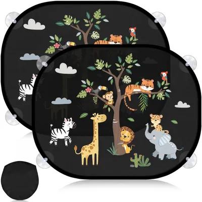 Image de Lot de 2 pare-soleil pour voiture pour bébés avec protection UV, pare-soleil pour vitres de voiture 44 x 36,5 cm pour enfants, avec 8 ventouses et de jolis motifs d'animaux (animaux de la forêt)